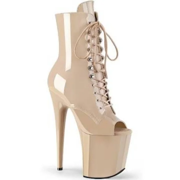 NWT brand new in box Pleaser 8" Flamingo 1021 beige open toe ankle boots - Picture 3 of 5